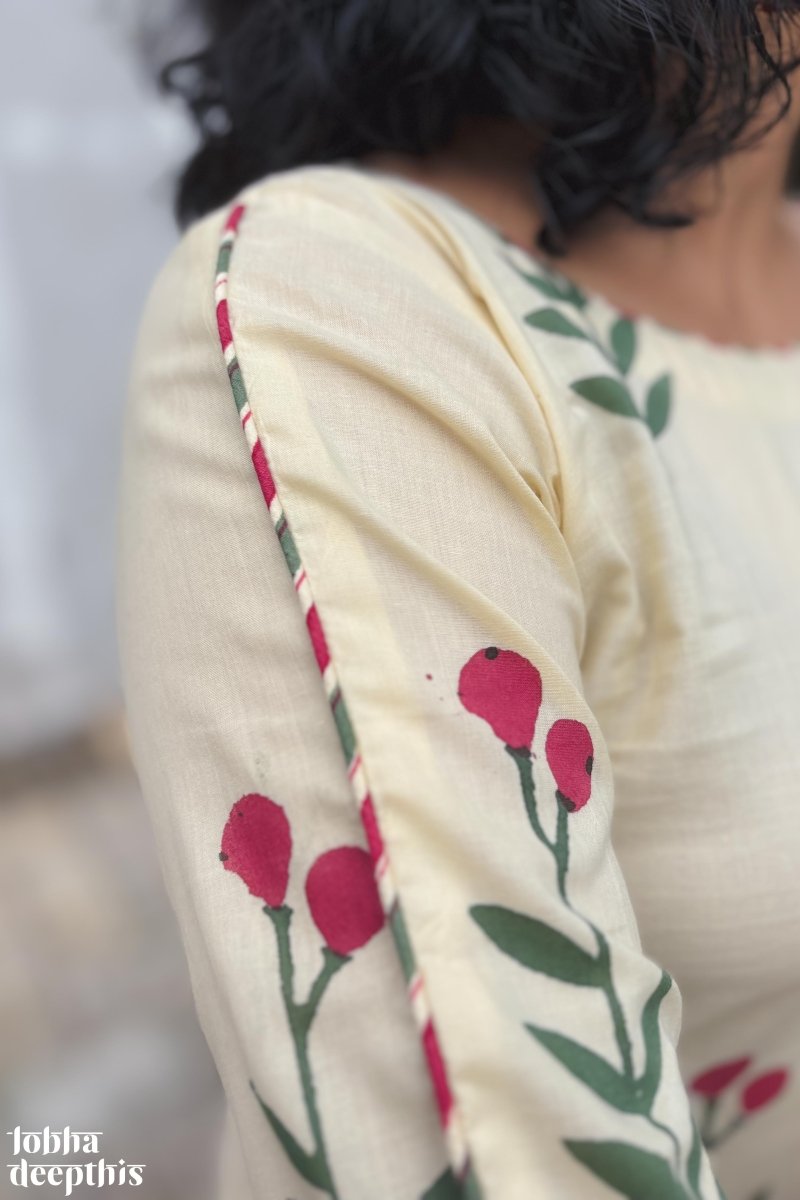 Rose Buds on Cream High Low Kurta - Lobha Deepthis