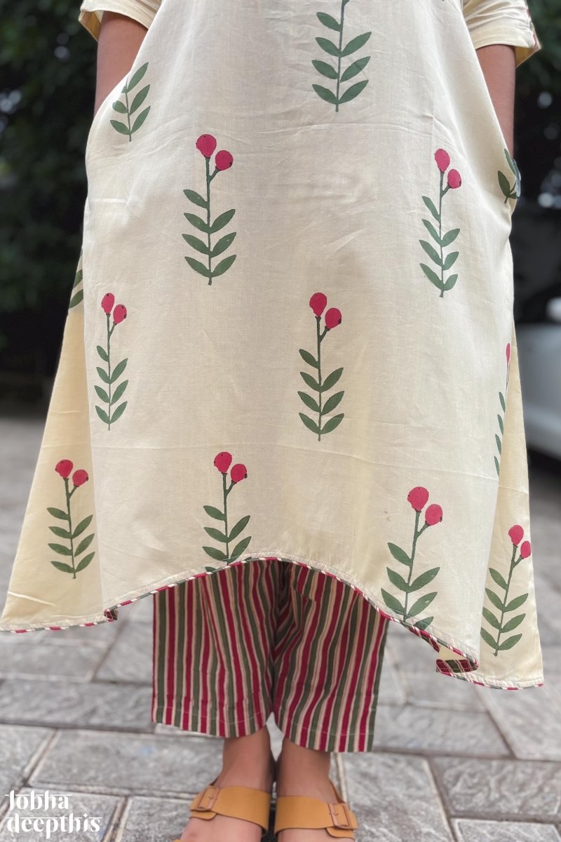 Rose Buds on Cream High Low Kurta - Lobha Deepthis