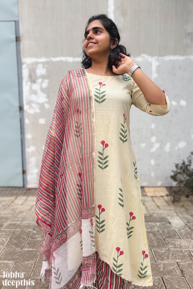 Rose Buds on Cream High Low Kurta - Lobha Deepthis