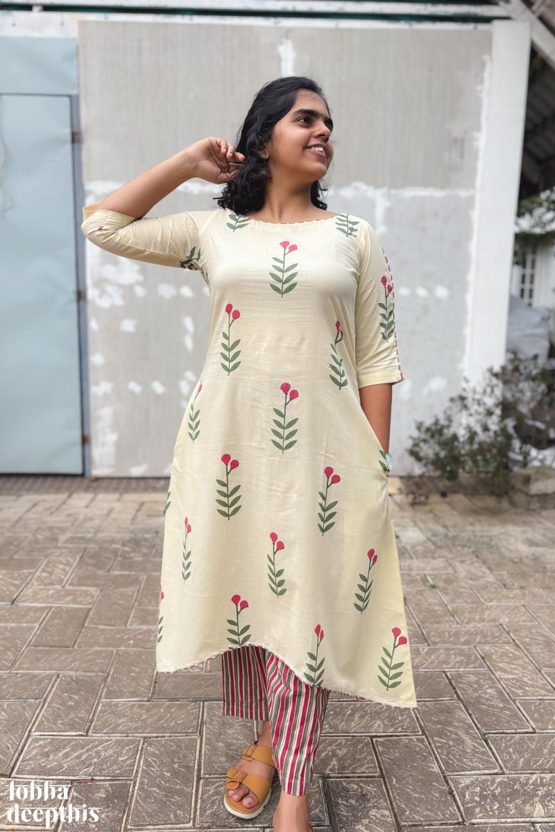 Rose Buds on Cream High Low Kurta - Lobha Deepthis