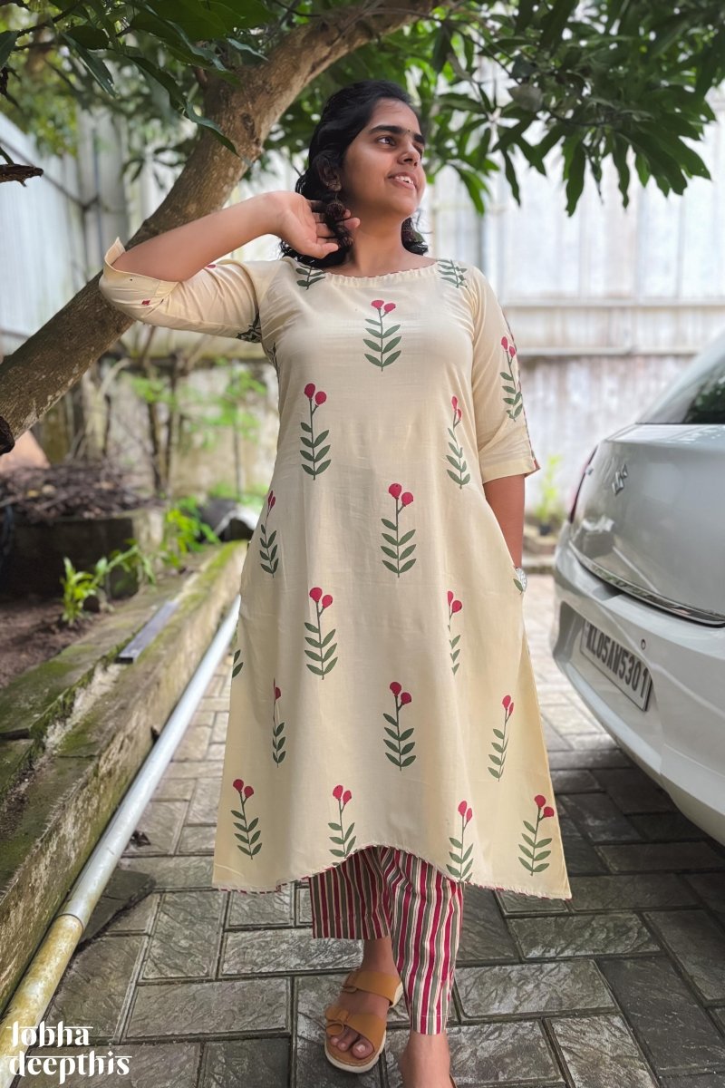 Rose Buds on Cream High Low Kurta - Lobha Deepthis