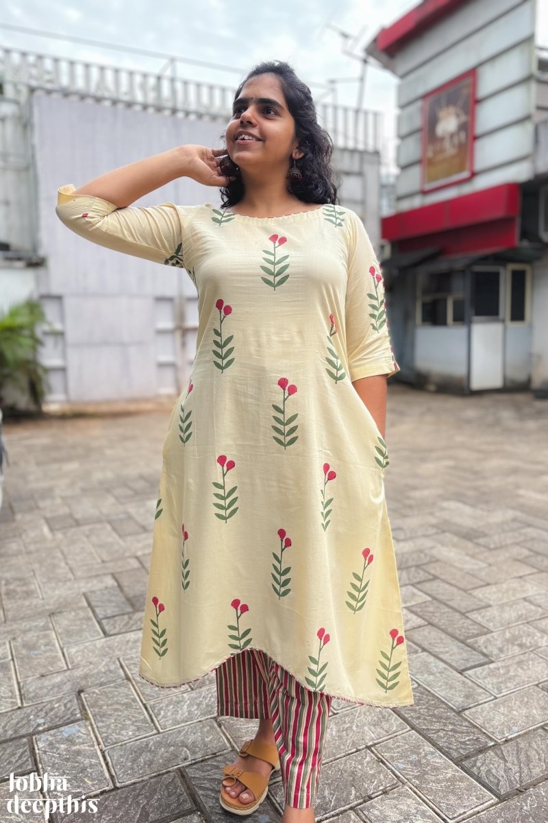 Rose Buds on Cream High Low Kurta - Lobha Deepthis