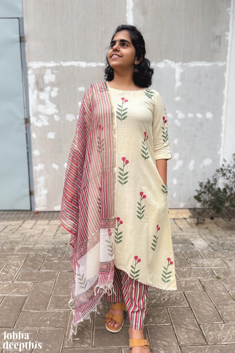 Rose Buds on Cream High Low Kurta - Lobha Deepthis