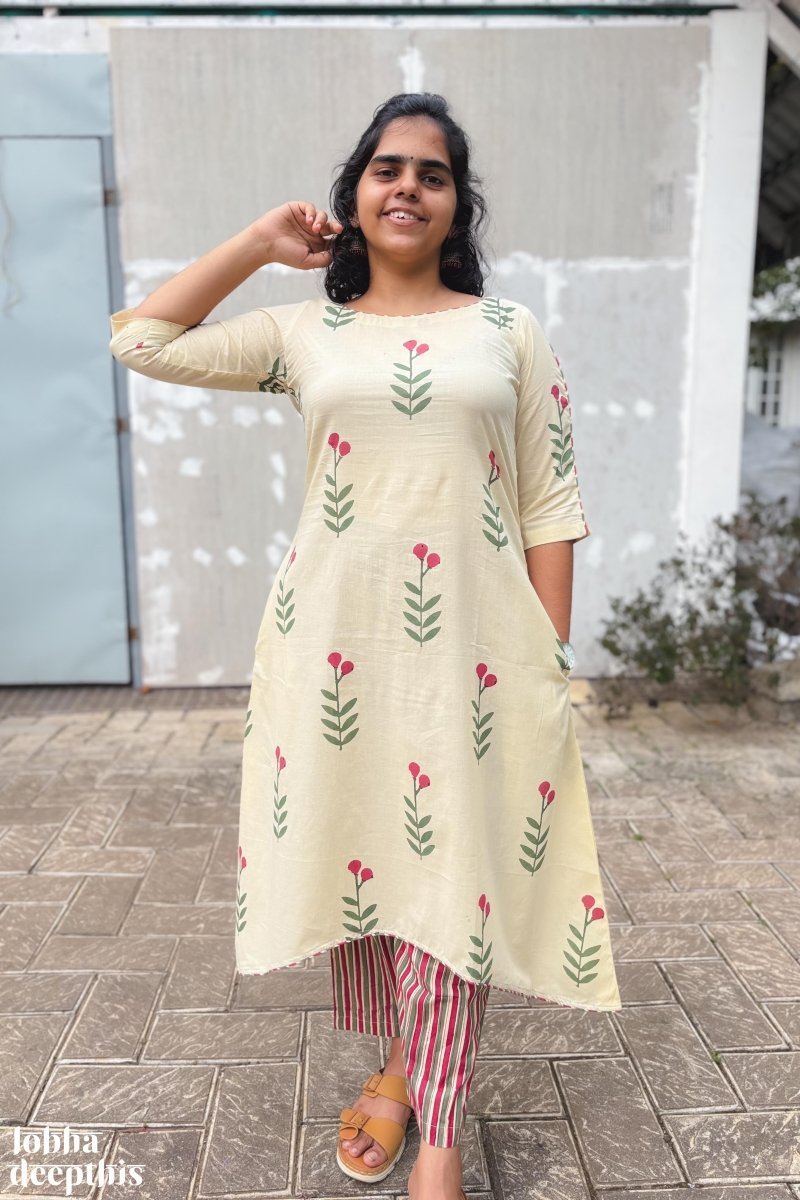 Rose Buds on Cream High Low Kurta - Lobha Deepthis