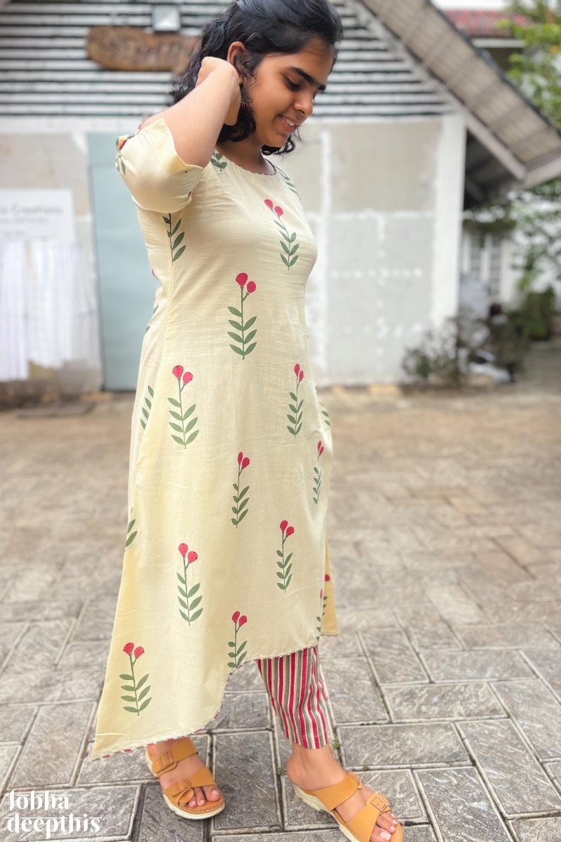 Rose Buds on Cream High Low Kurta - Lobha Deepthis