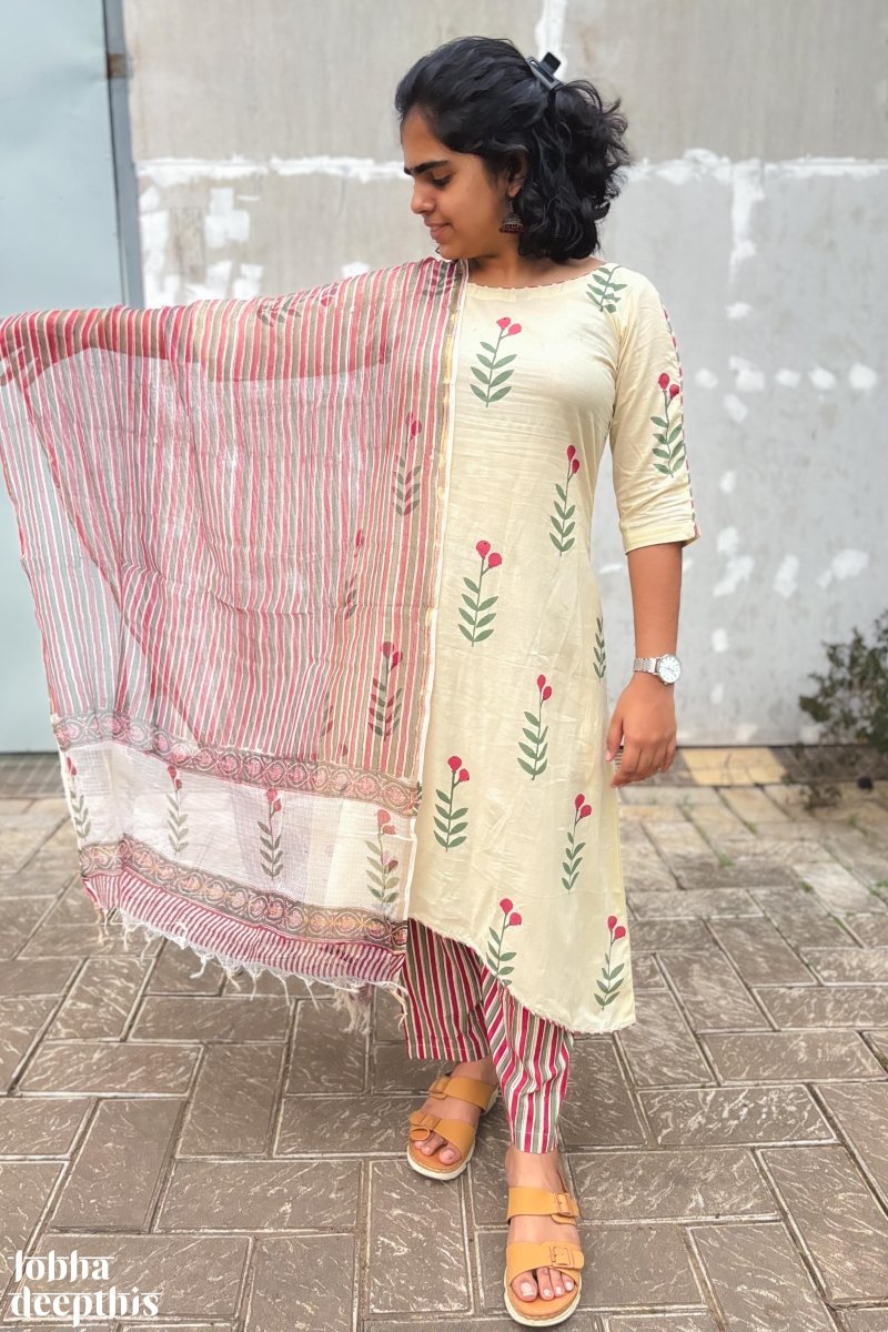 Rose Buds on Cream High Low Kurta - Lobha Deepthis