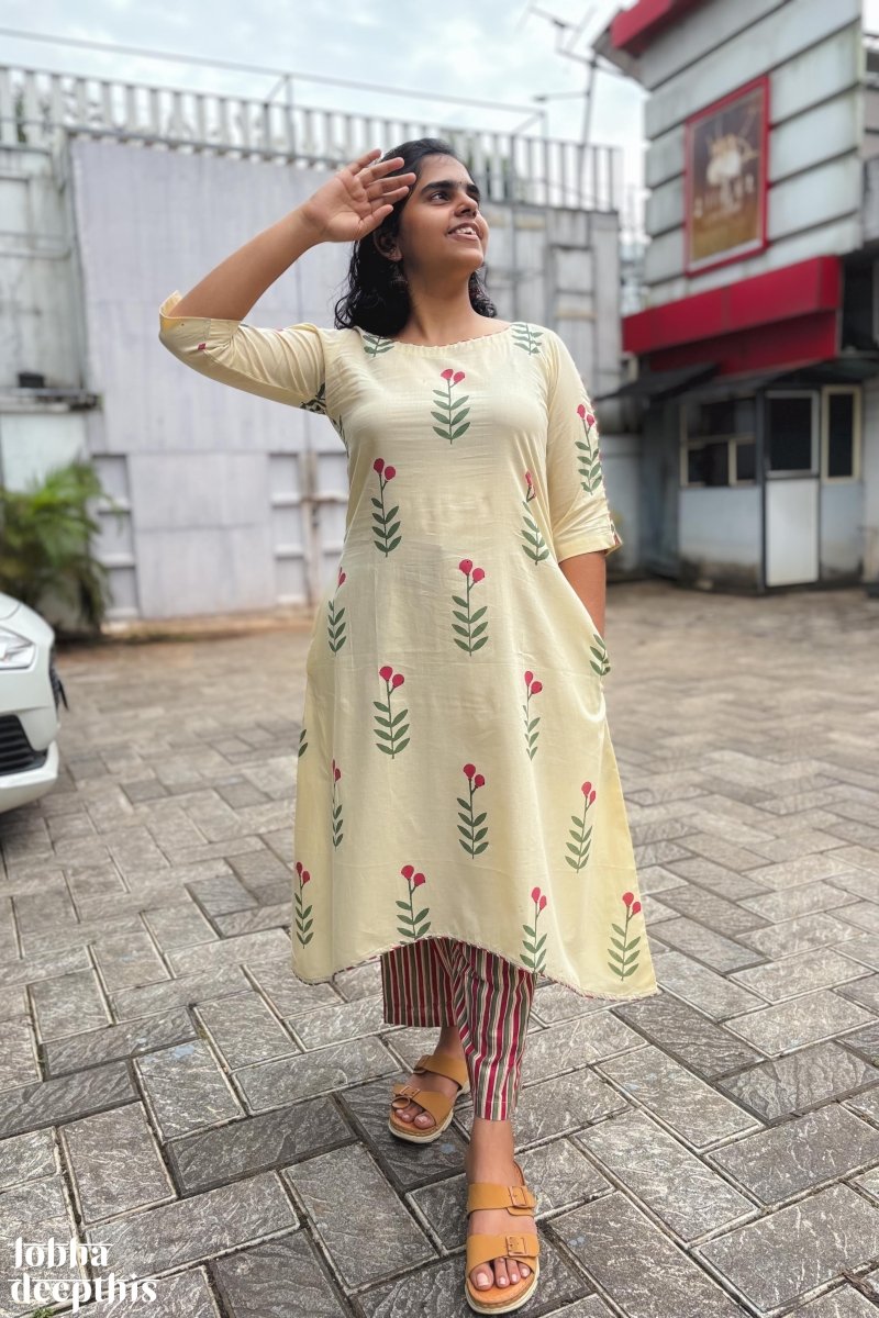 Rose Buds on Cream High Low Kurta - Lobha Deepthis