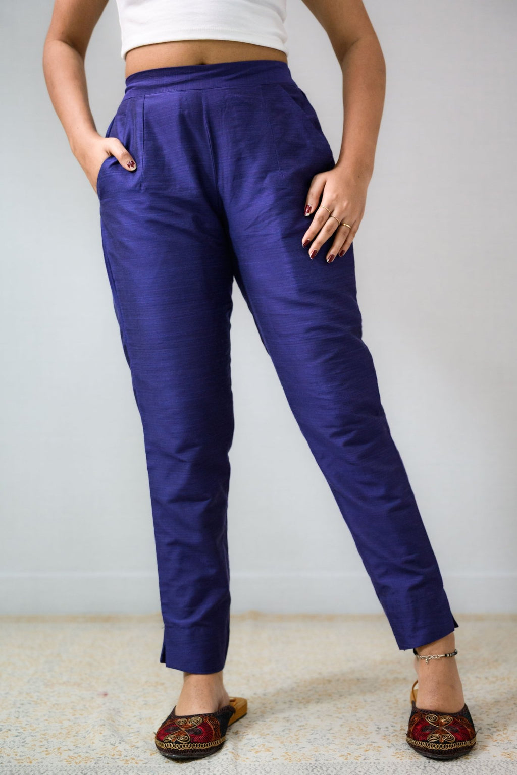 Royal Blue Slub Silk Pencil Pants - Lobha Deepthis