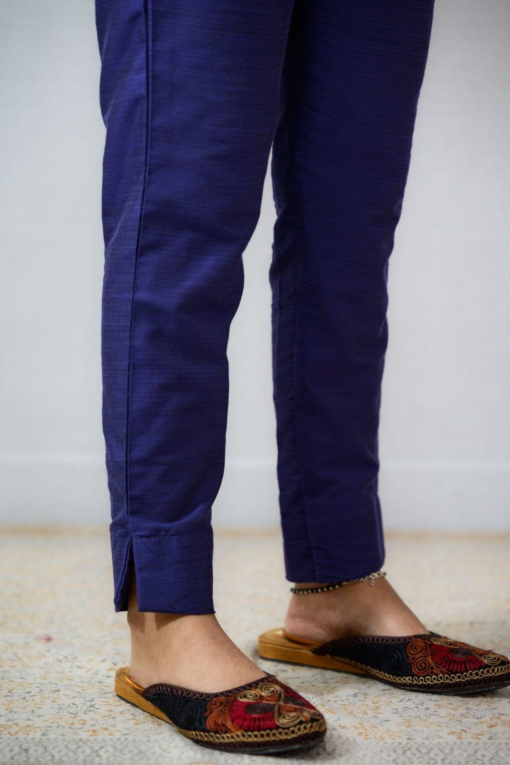 Royal Blue Slub Silk Pencil Pants - Lobha Deepthis