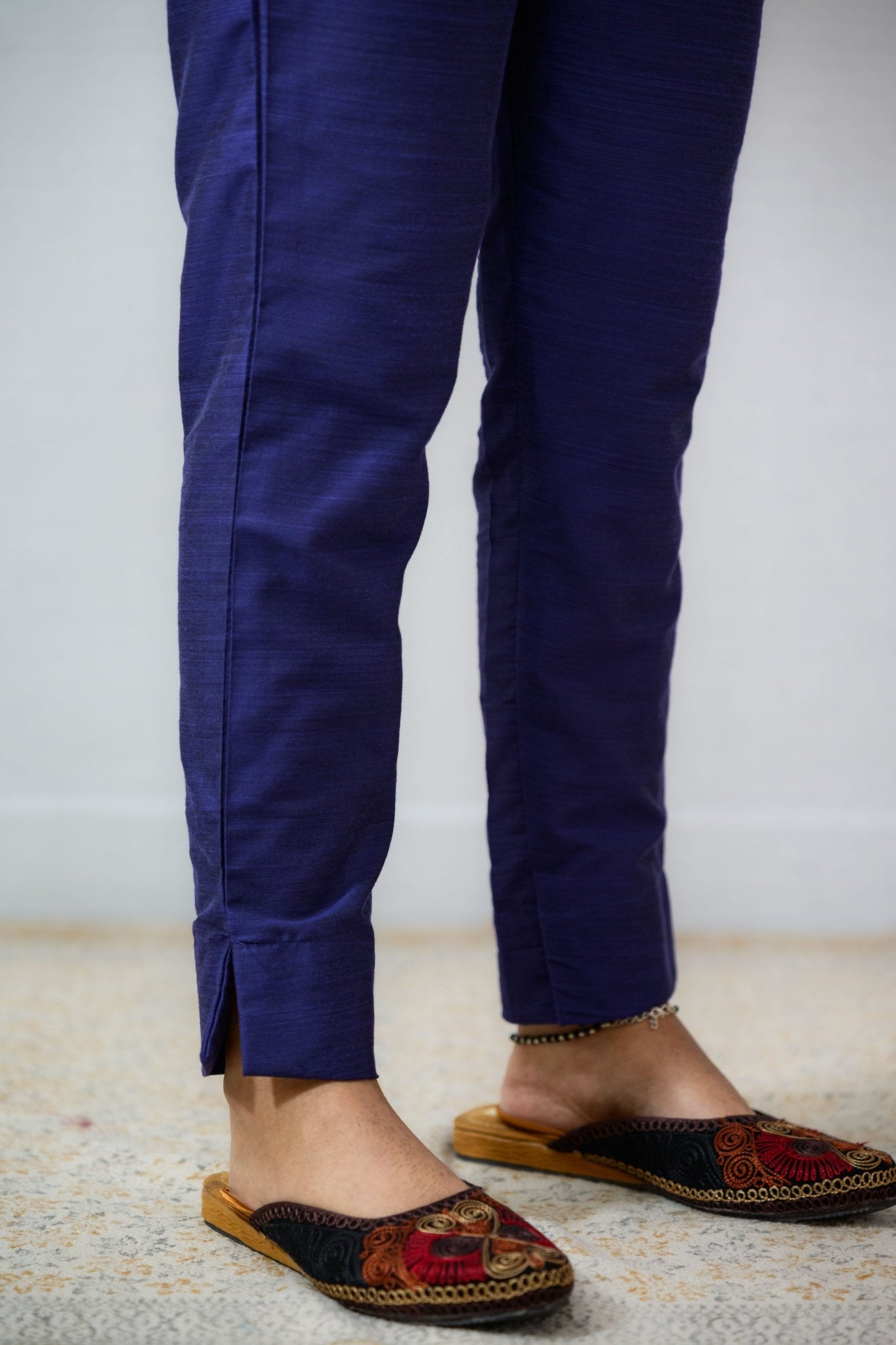 Royal Blue Slub Silk Pencil Pants - Lobha Deepthis