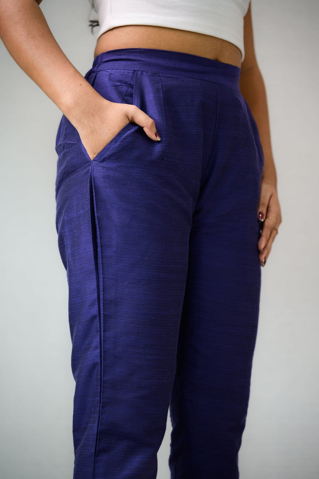 Royal Blue Slub Silk Pencil Pants - Lobha Deepthis