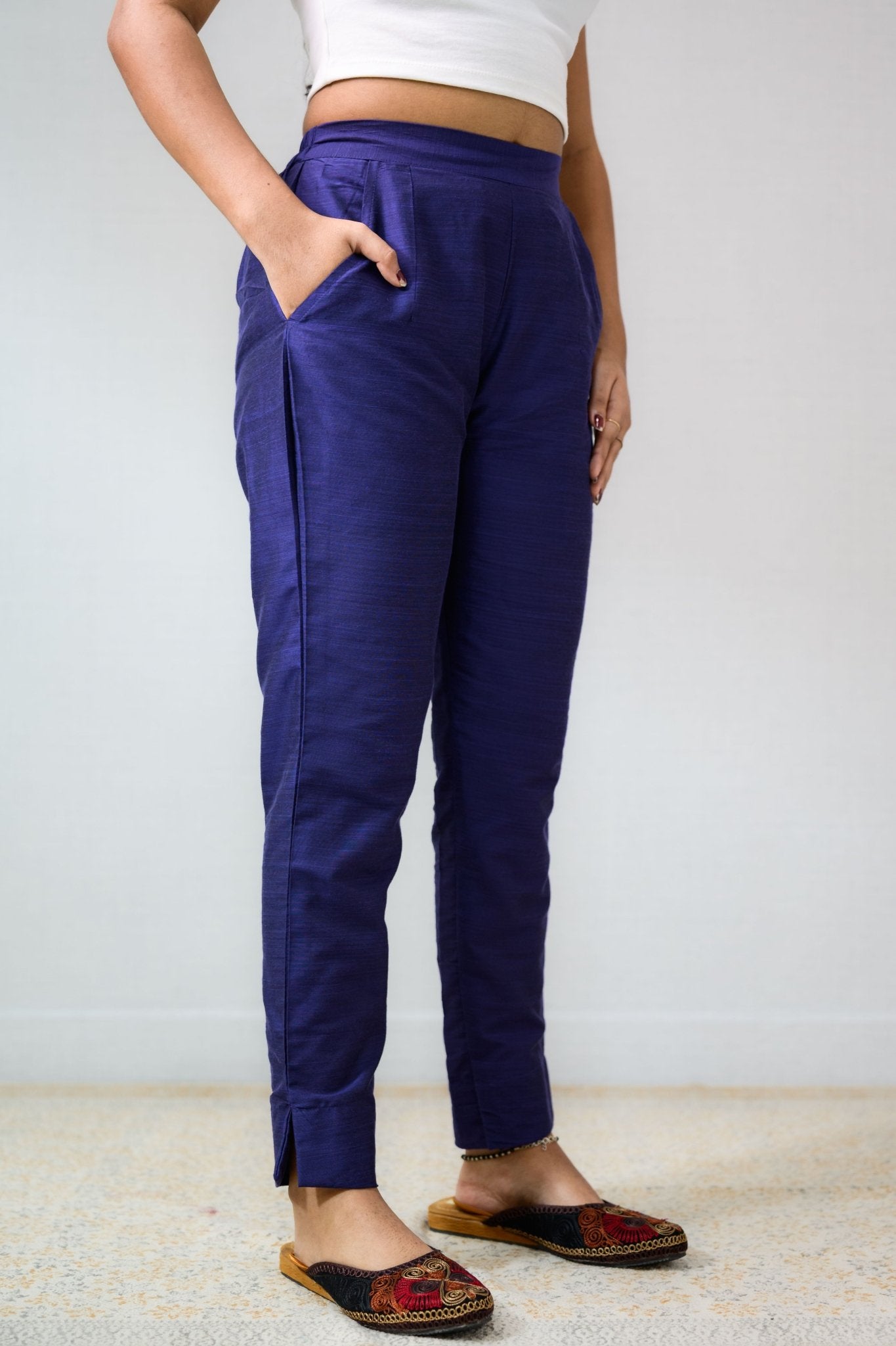 Royal Blue Slub Silk Pencil Pants - Lobha Deepthis