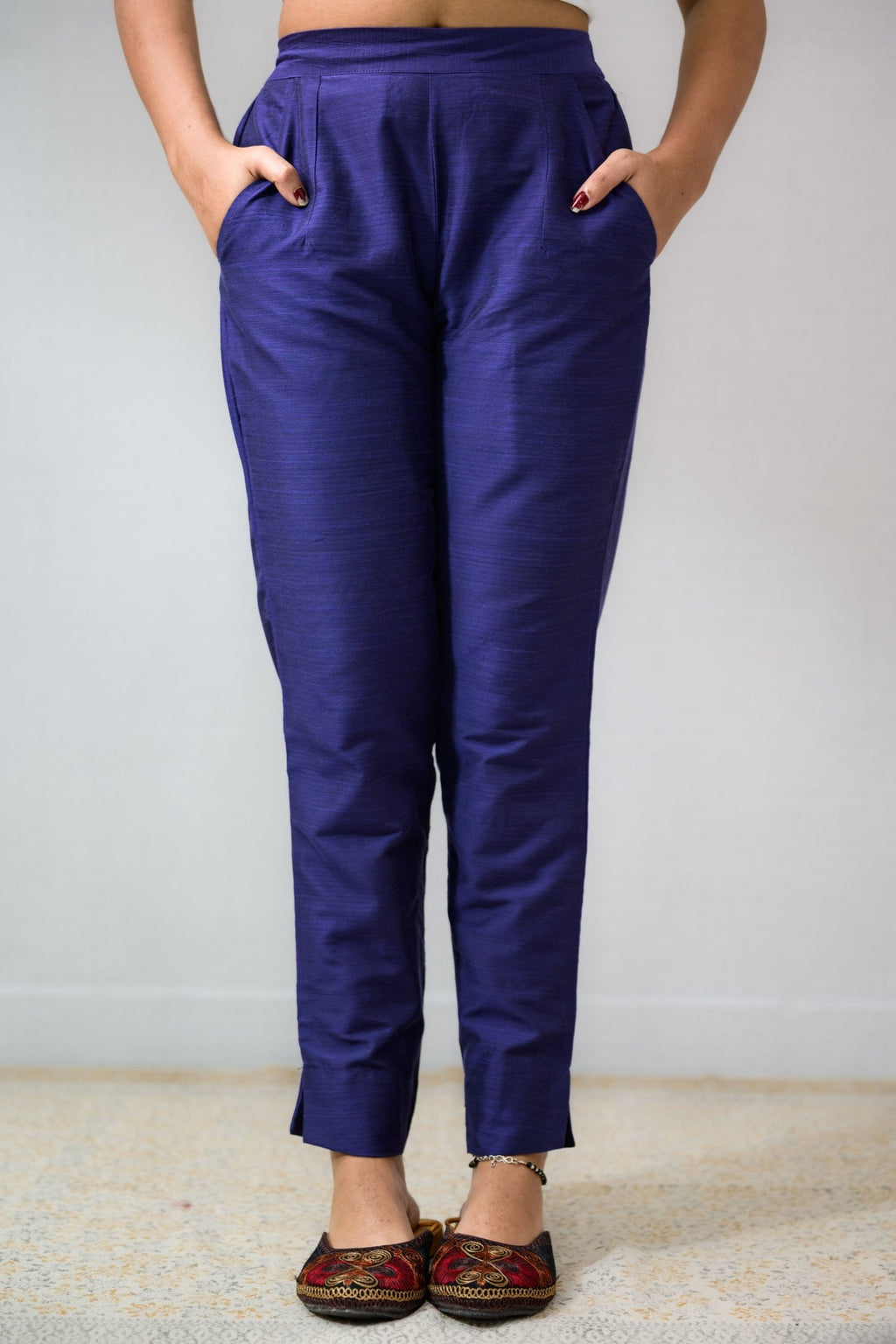 Royal Blue Slub Silk Pencil Pants - Lobha Deepthis