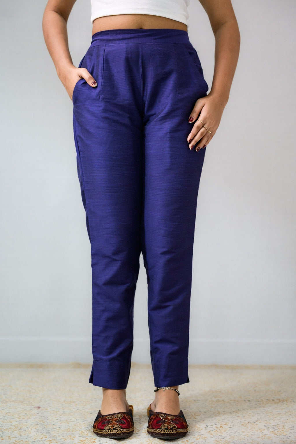 Royal Blue Slub Silk Pencil Pants - Lobha Deepthis