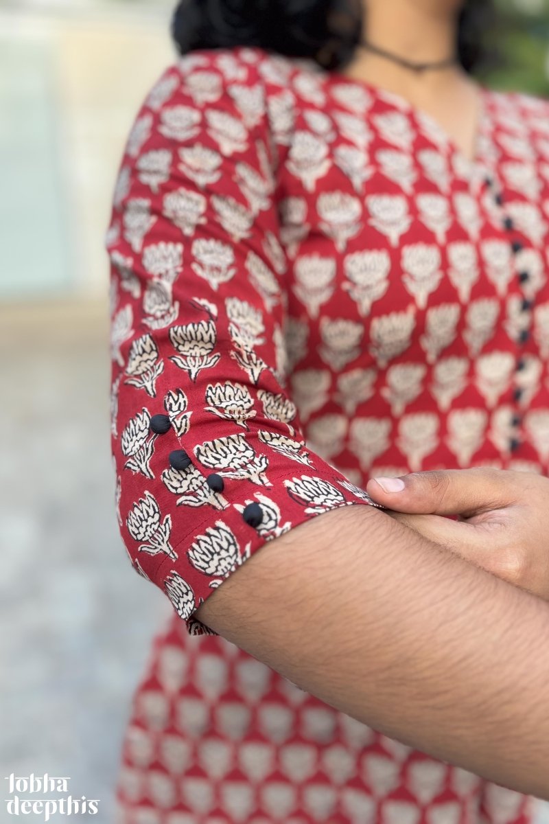 Rubia Red Bagru Hand Block Printed Box Pleated Dress- Lobha Deepthis Rubia Red Bagru Hand Block Printed Box Pleated Dress- Lobha Deepthis