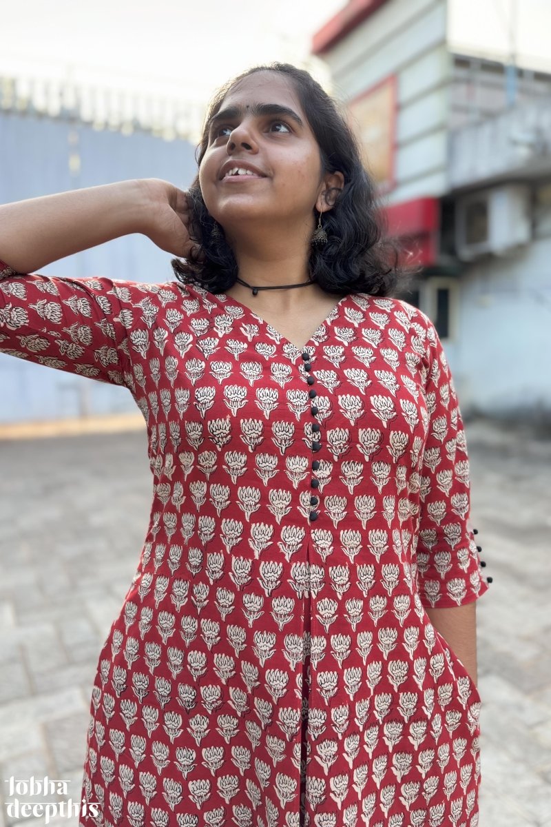 Rubia Red Bagru Box Pleated Dress - Lobha Deepthis