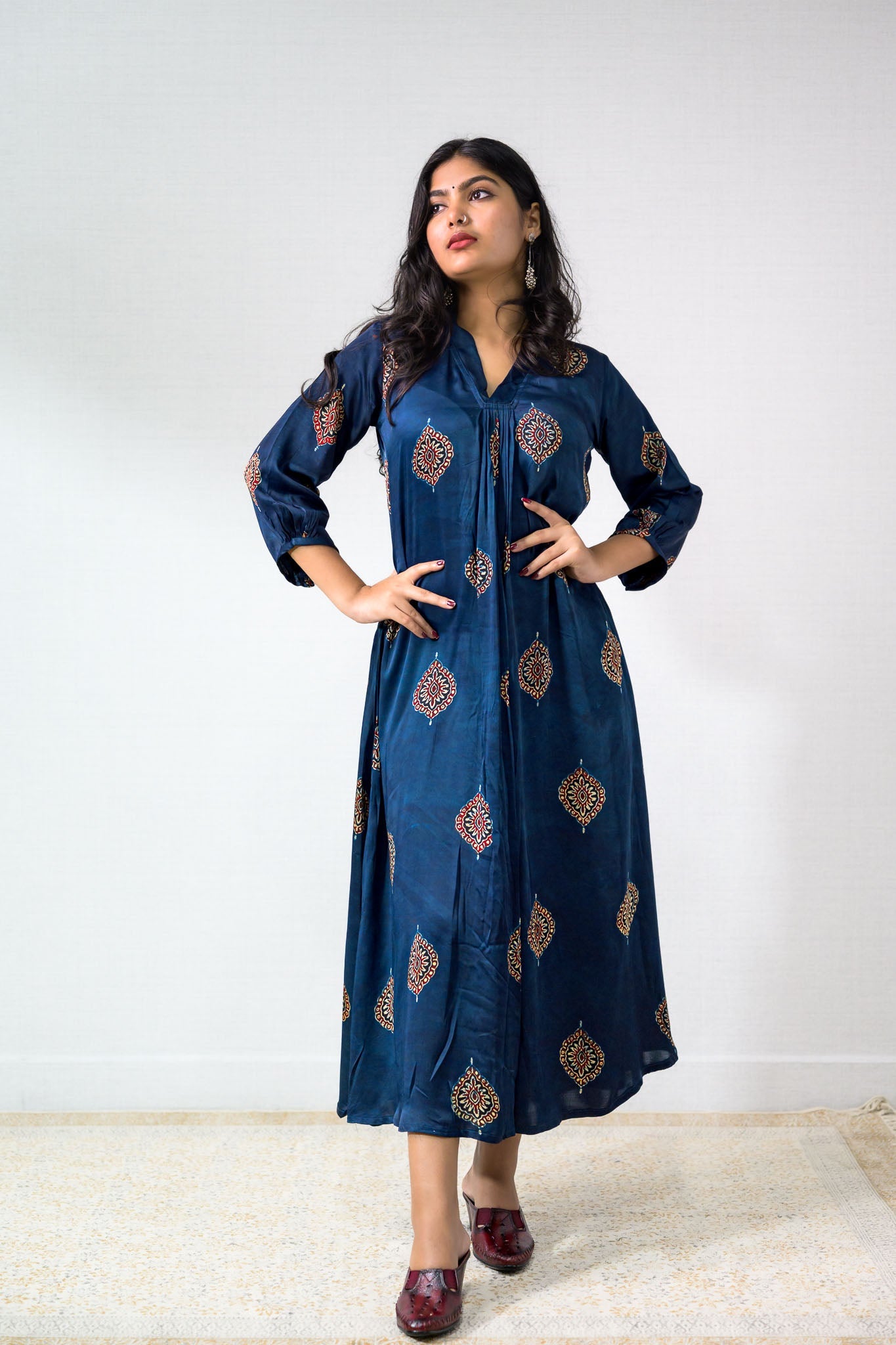 Saayal Modal Silk Indigo Blue Ajrakh Dress with Pockets- Lobha Deepthis Saayal Modal Silk Indigo Blue Ajrakh Dress with Pockets- Lobha Deepthis