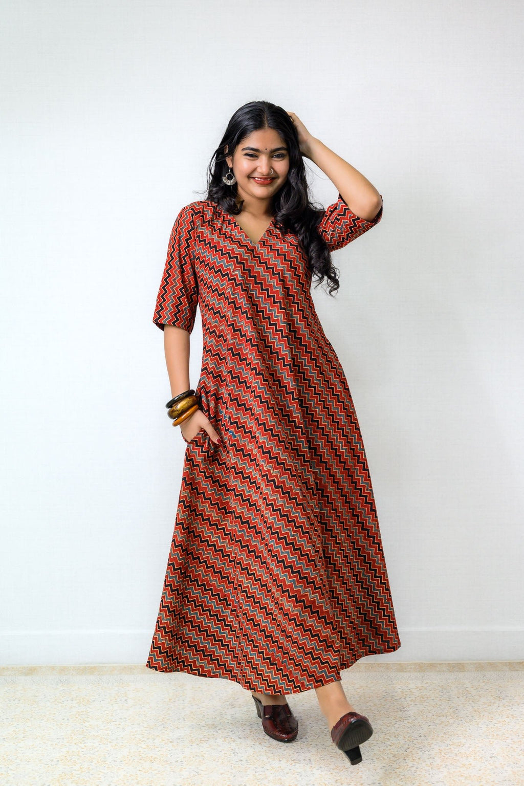 Sangria Ajrakh Stripes Dress - Lobha Deepthis