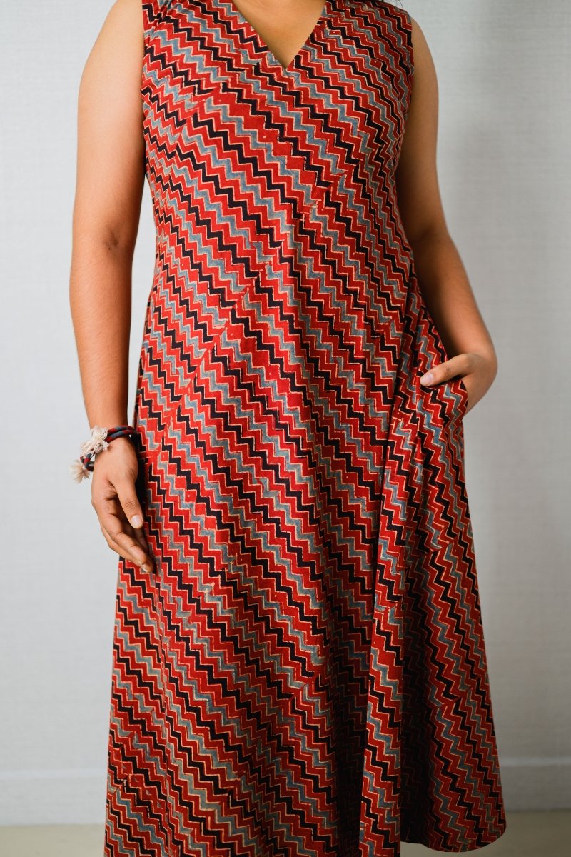 Sangria Ajrakh Stripes Dress - Lobha Deepthis