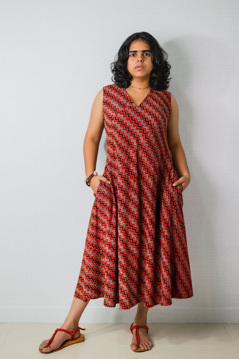 Sangria Ajrakh Stripes Dress - Lobha Deepthis