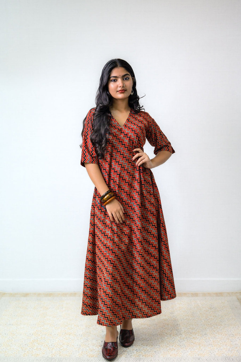 Sangria Ajrakh Stripes Dress - Lobha Deepthis