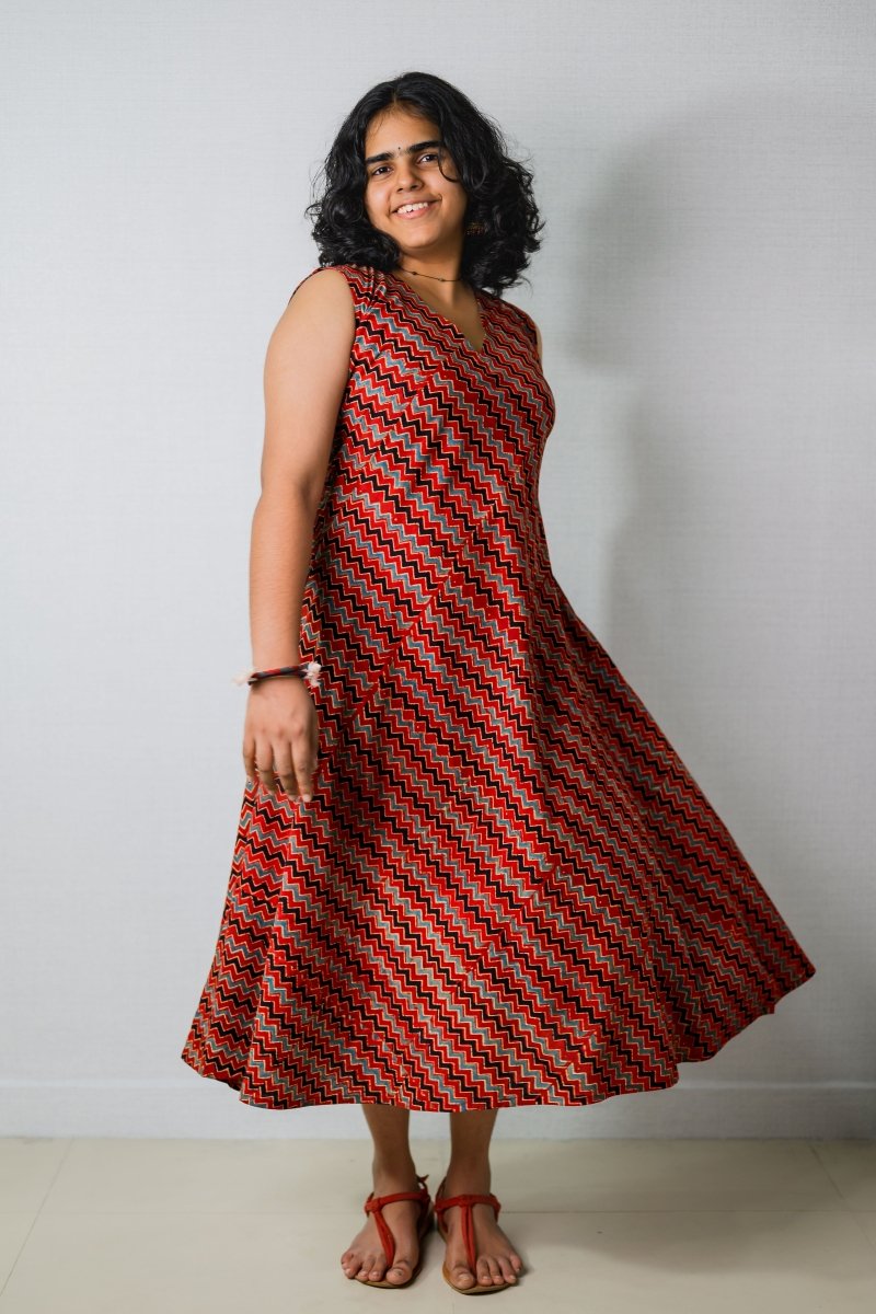 Sangria Ajrakh Stripes Dress - Lobha Deepthis