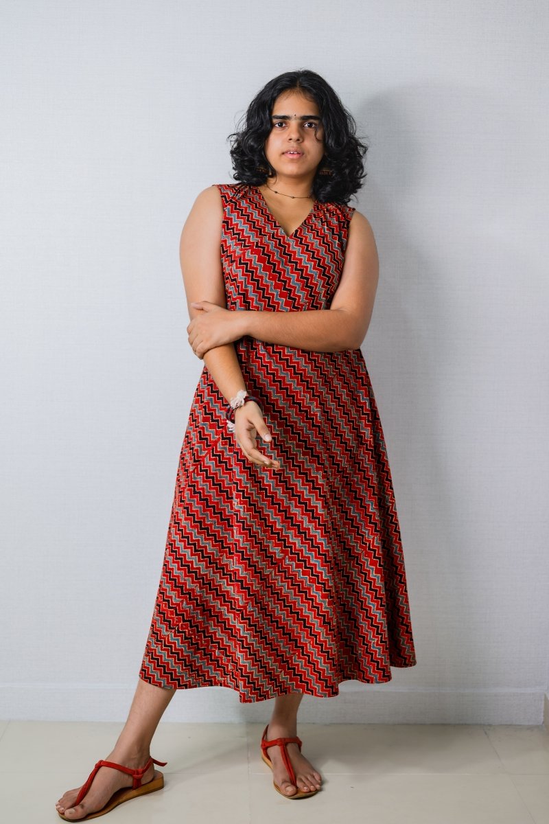 Sangria Ajrakh Stripes Dress - Lobha Deepthis