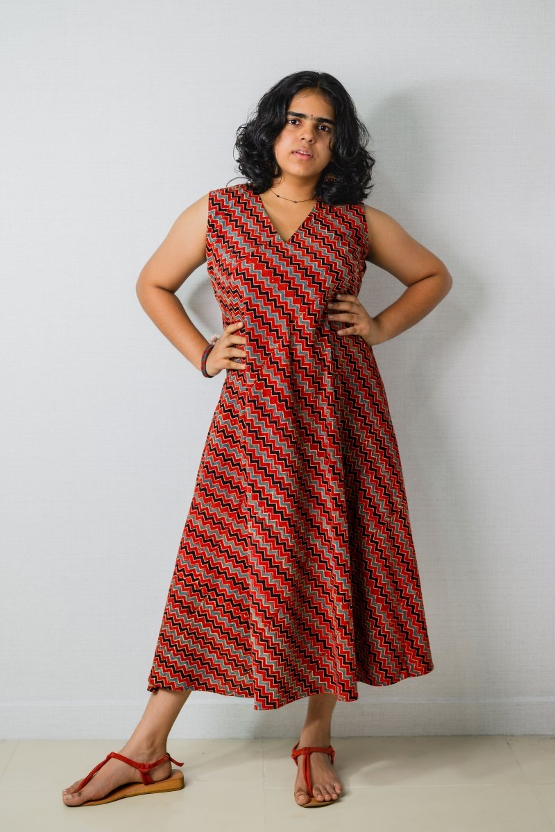 Sangria Ajrakh Stripes Dress - Lobha Deepthis