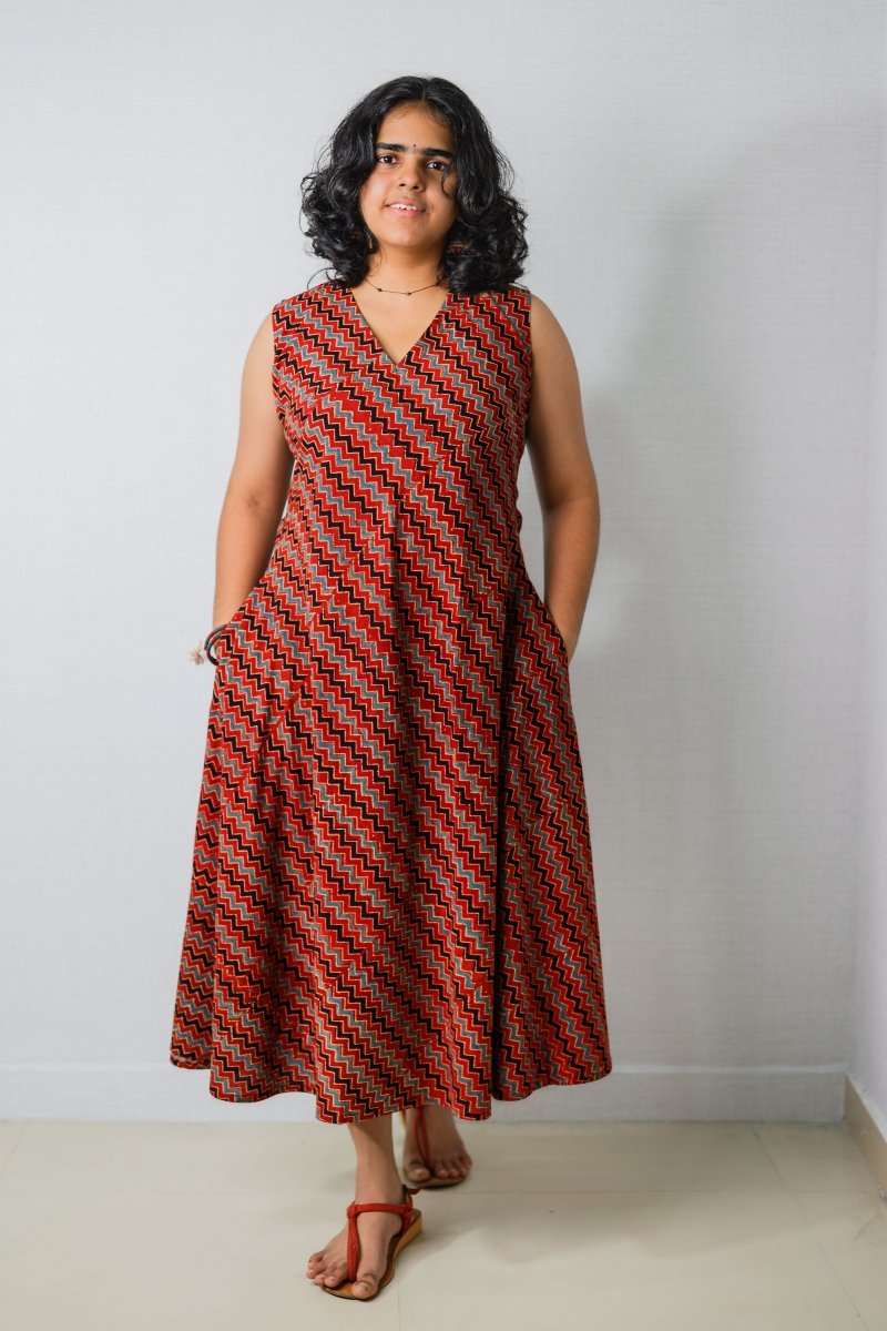 Sangria Ajrakh Stripes Dress - Lobha Deepthis