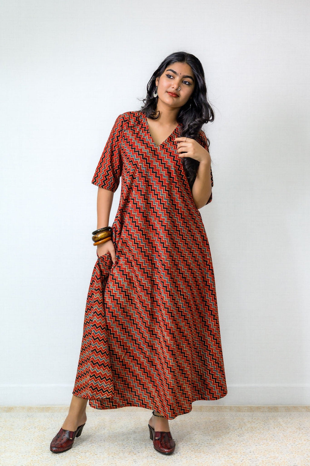 Sangria Ajrakh Stripes Dress - Lobha Deepthis