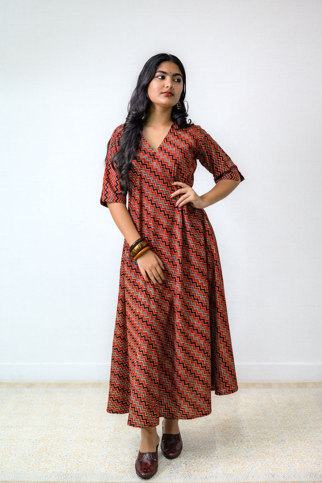 Sangria Ajrakh Stripes Dress - Lobha Deepthis