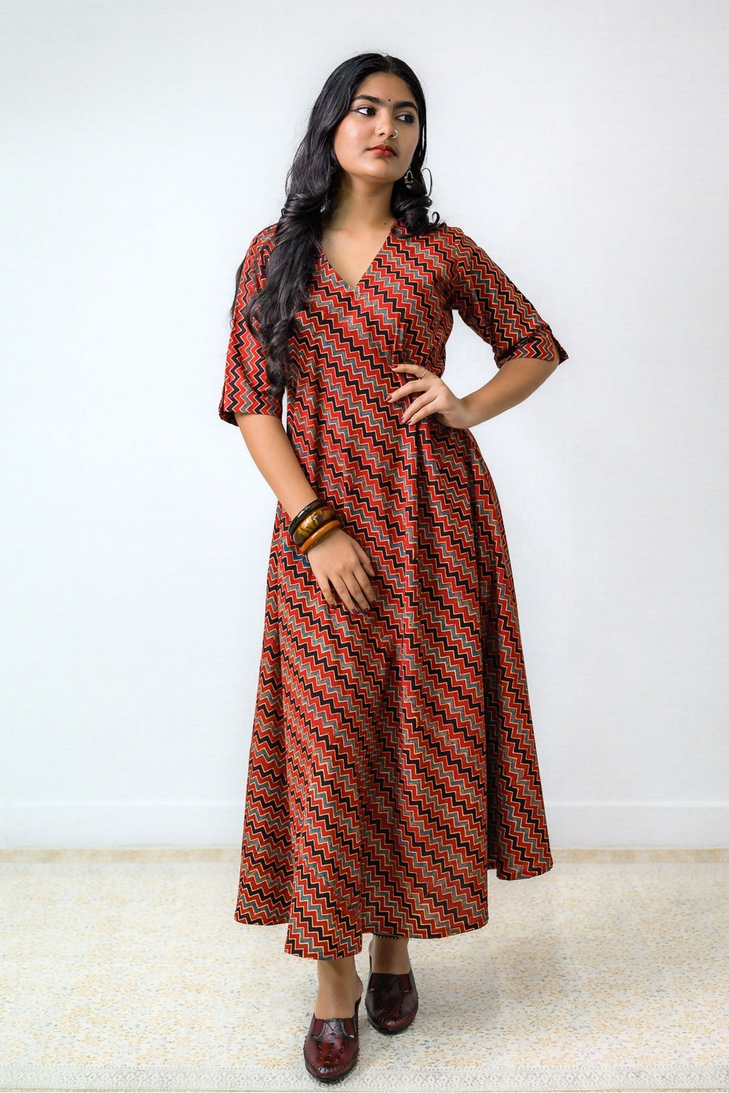 Sangria Ajrakh Stripes Dress