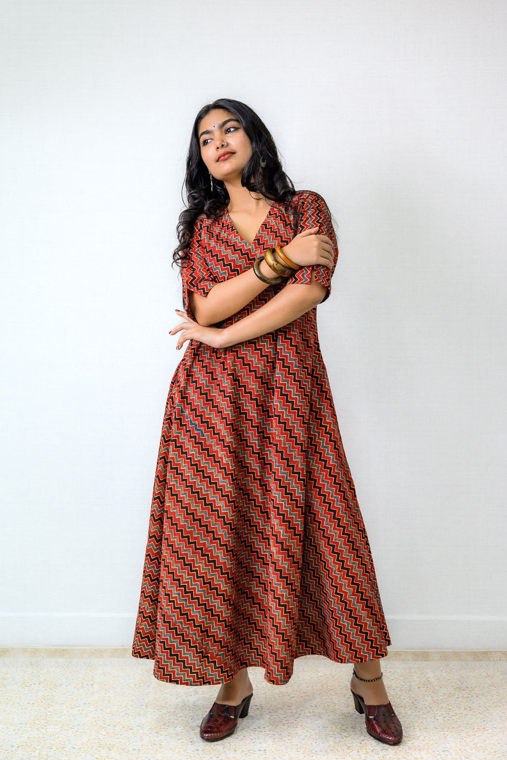 Sangria Ajrakh Stripes Dress - Lobha Deepthis