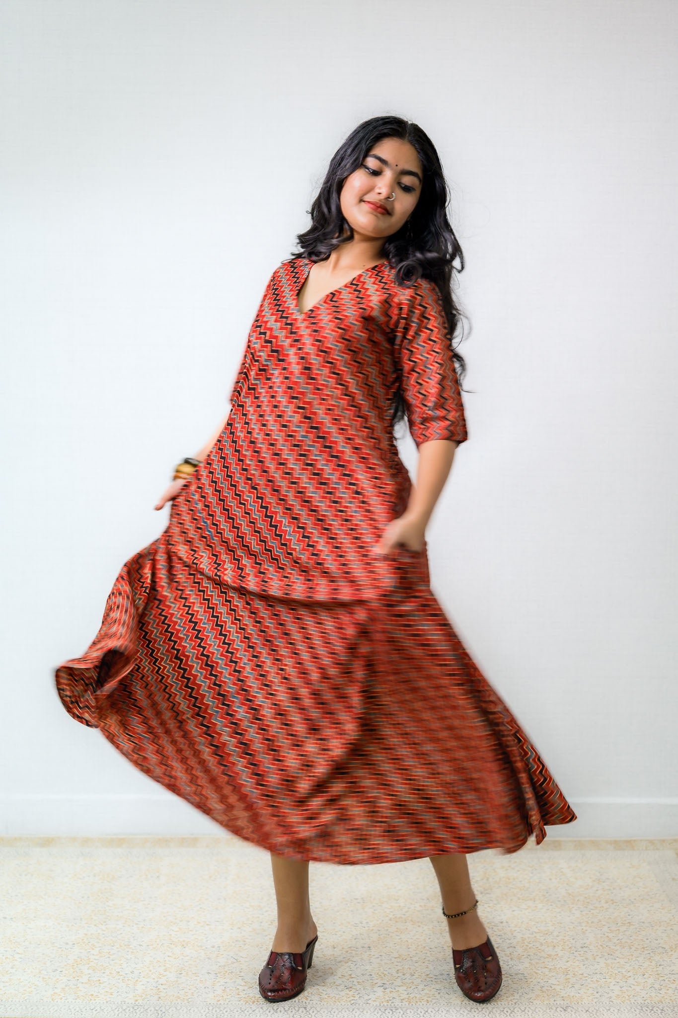 Sangria Ajrakh Stripes Dress - Lobha Deepthis
