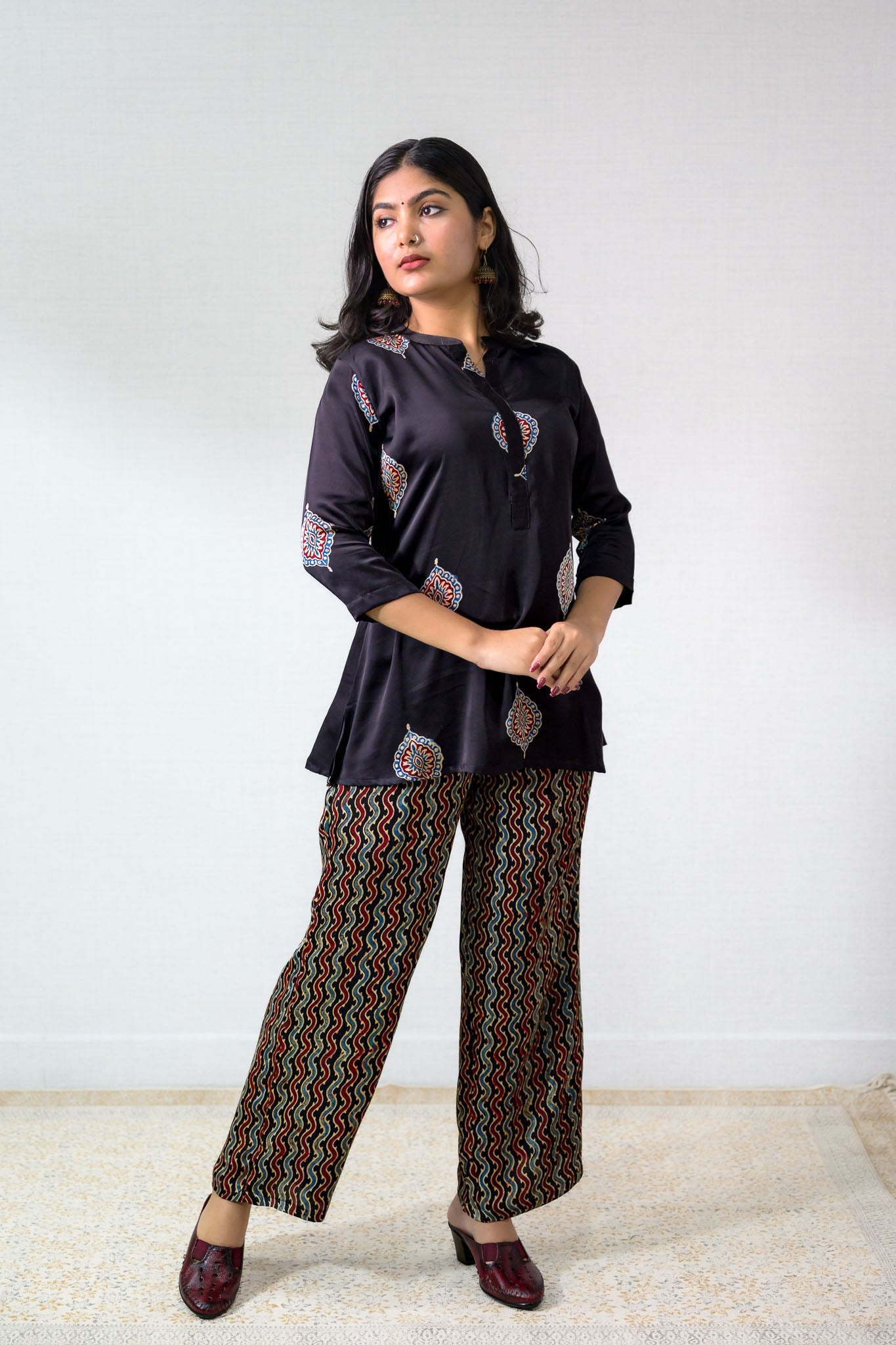 Set of 2 - Black Pihu Modal Ajrakh Short Top & Parallel Pants - Lobha Deepthis
