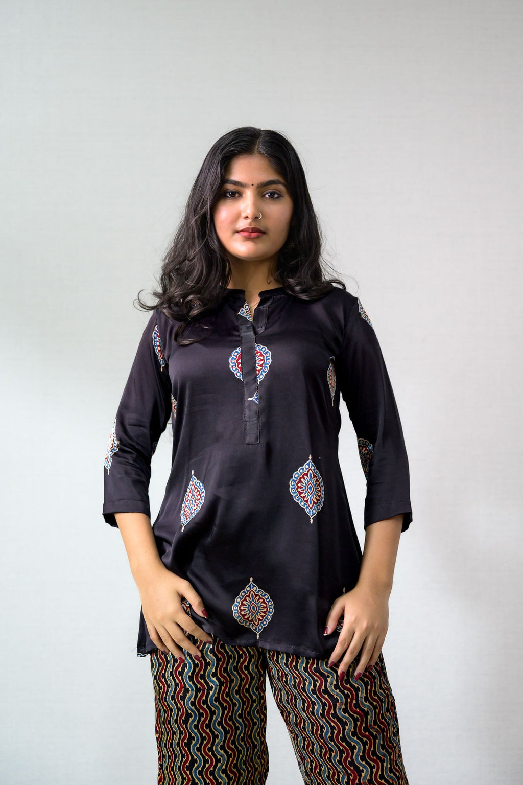 Set of 2 - Black Pihu Modal Ajrakh Short Top & Parallel Pants - Lobha Deepthis