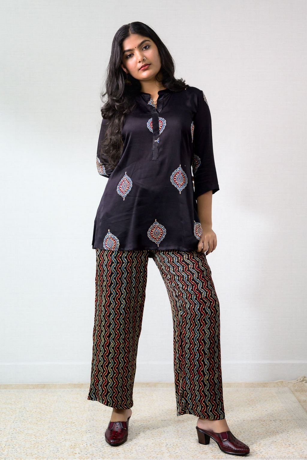 Set of 2- Black Pihu Modal Ajrakh Short Top & Parallel Pants