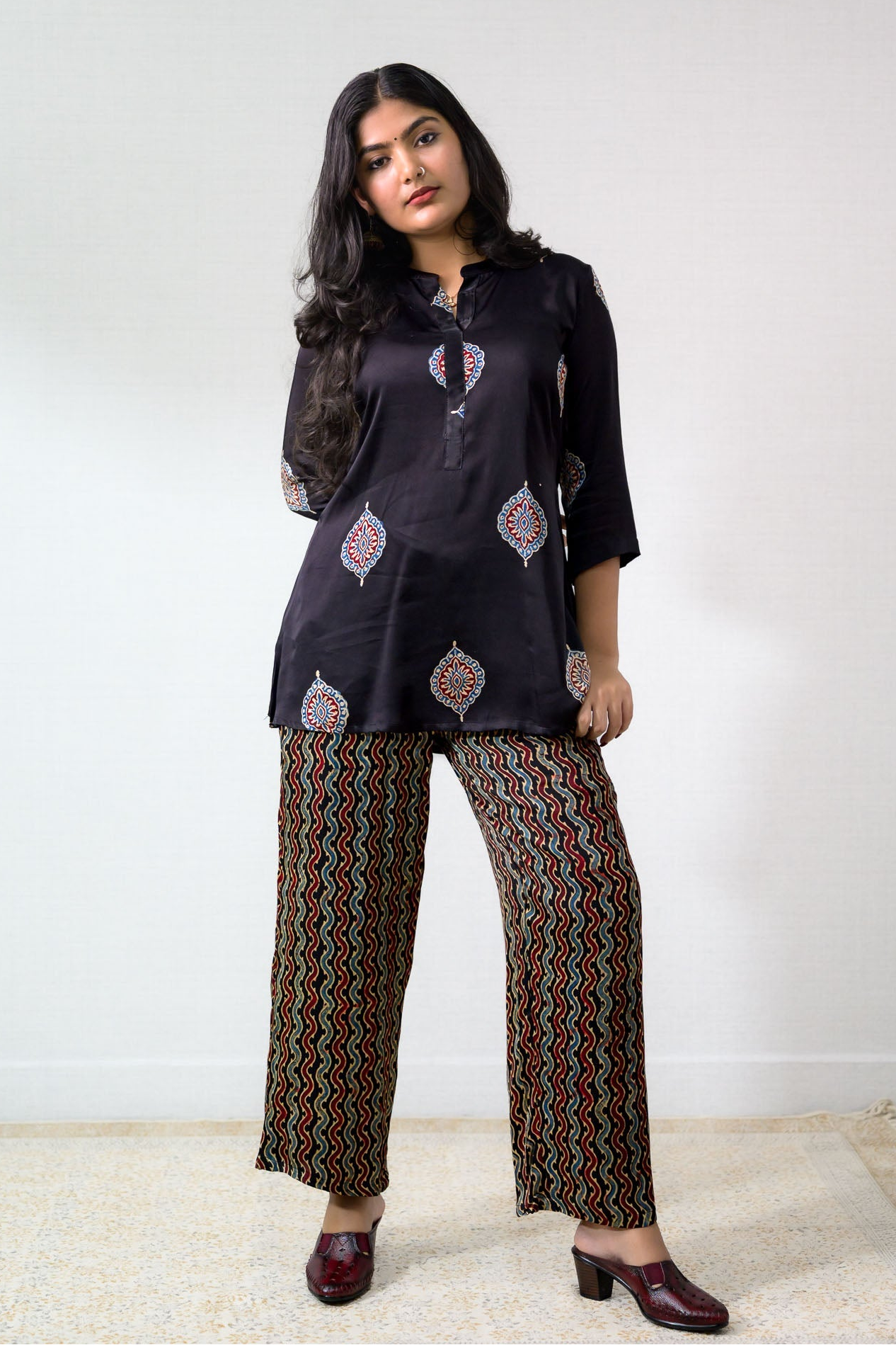 Set of 2- Black Pihu Modal Ajrakh Short Top & Parallel Pants