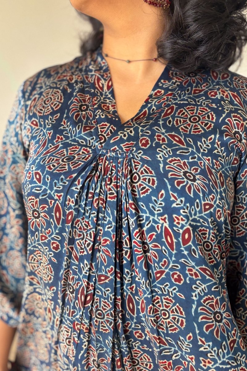 Set of 2 - Blue Blooms Modal Ajrakh Short Top and Parallel Pants - Lobha Deepthis