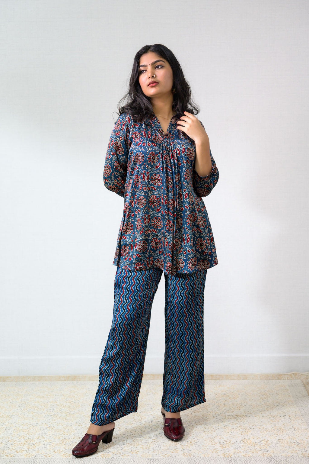Set of 2 - Blue Blooms Modal Ajrakh Short Top and Parallel Pants - Lobha Deepthis