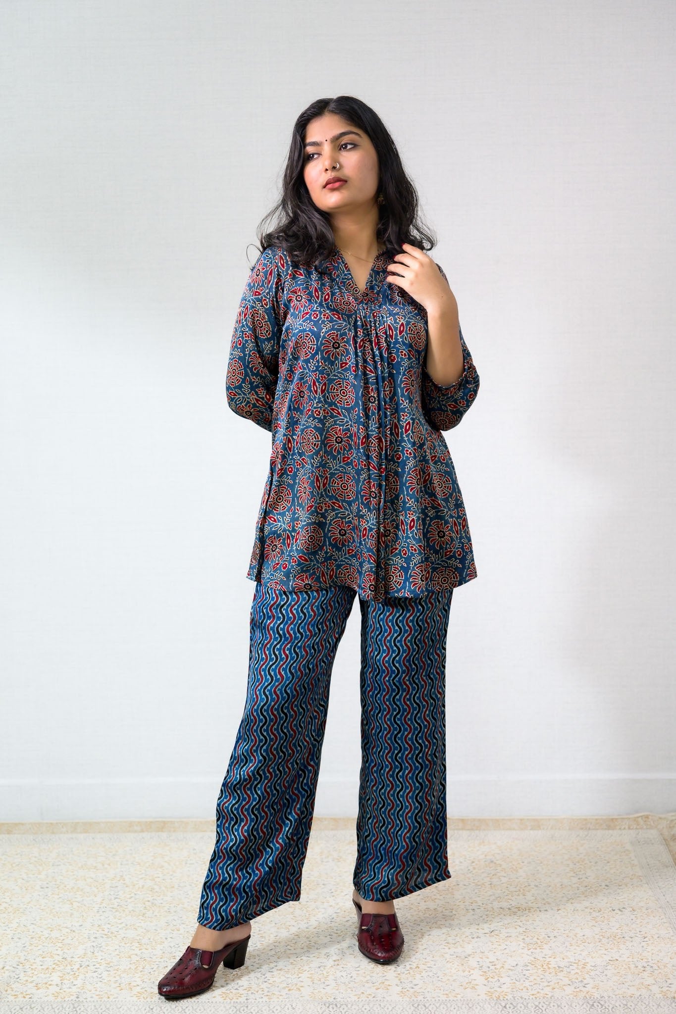 Set of 2 - Blue Blooms Modal Ajrakh Short Top and Parallel Pants - Lobha Deepthis