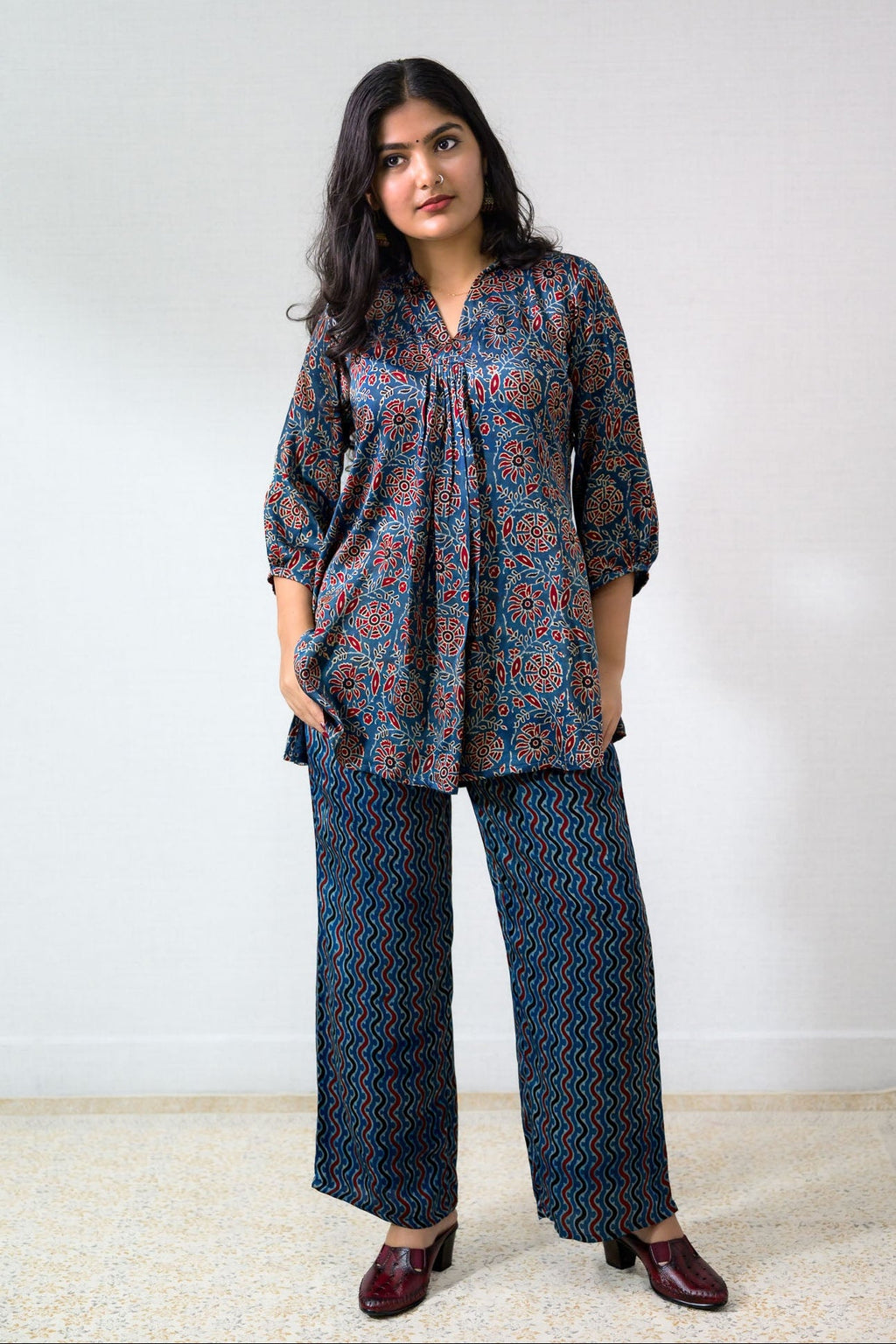 Set of 2 - Blue Blooms Modal Ajrakh Short Top and Parallel Pants - Lobha Deepthis