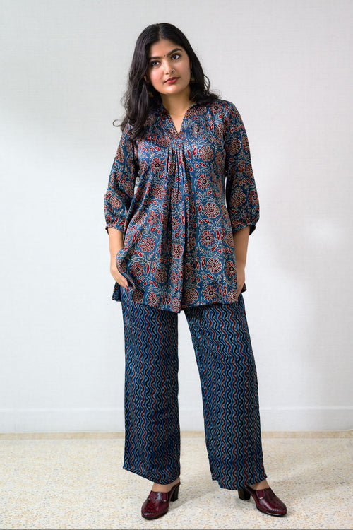Set of 2 - Blue Blooms Modal Ajrakh Short Top and Parallel Pants - Lobha Deepthis
