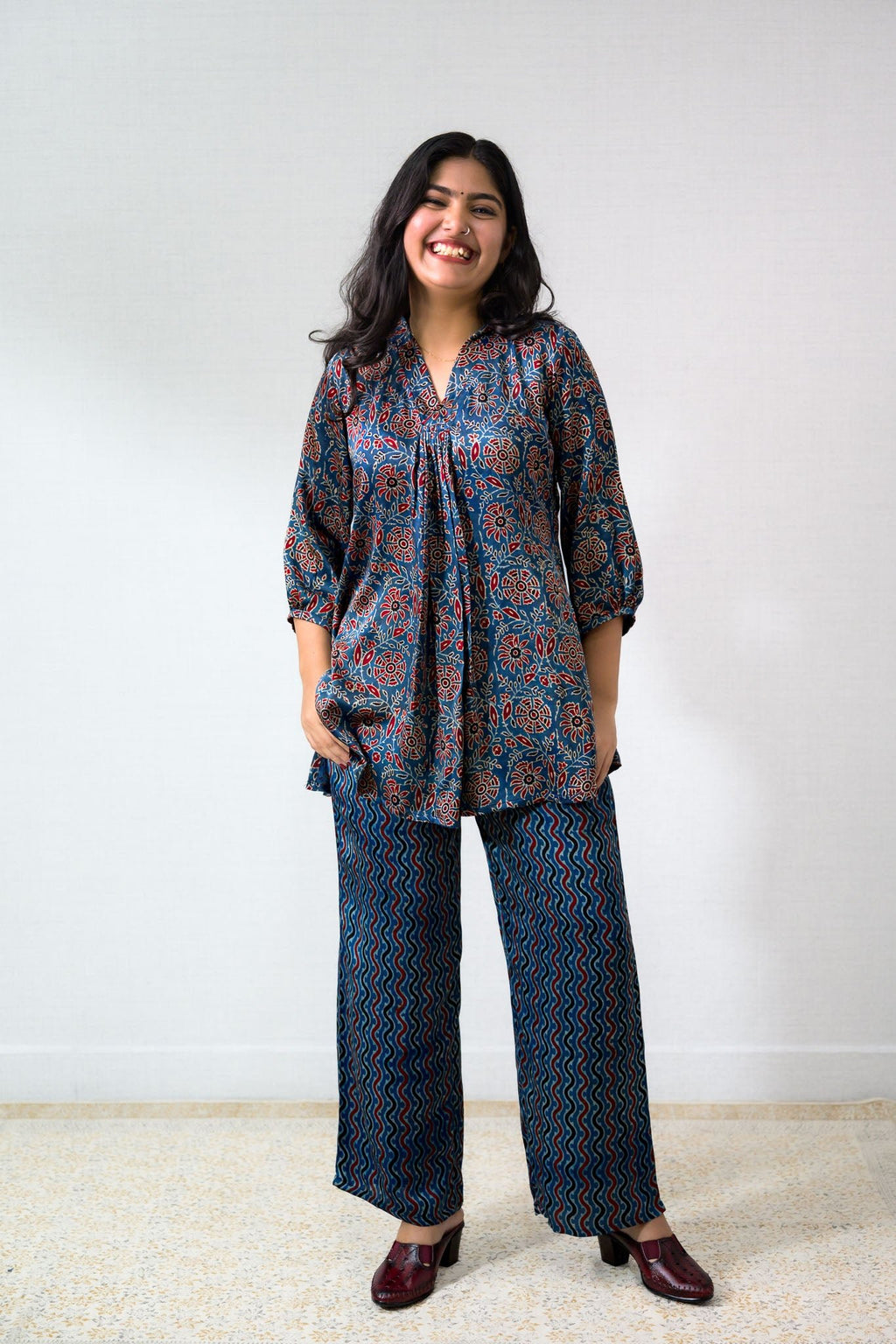 Set of 2 - Blue Blooms Modal Ajrakh Short Top and Parallel Pants - Lobha Deepthis