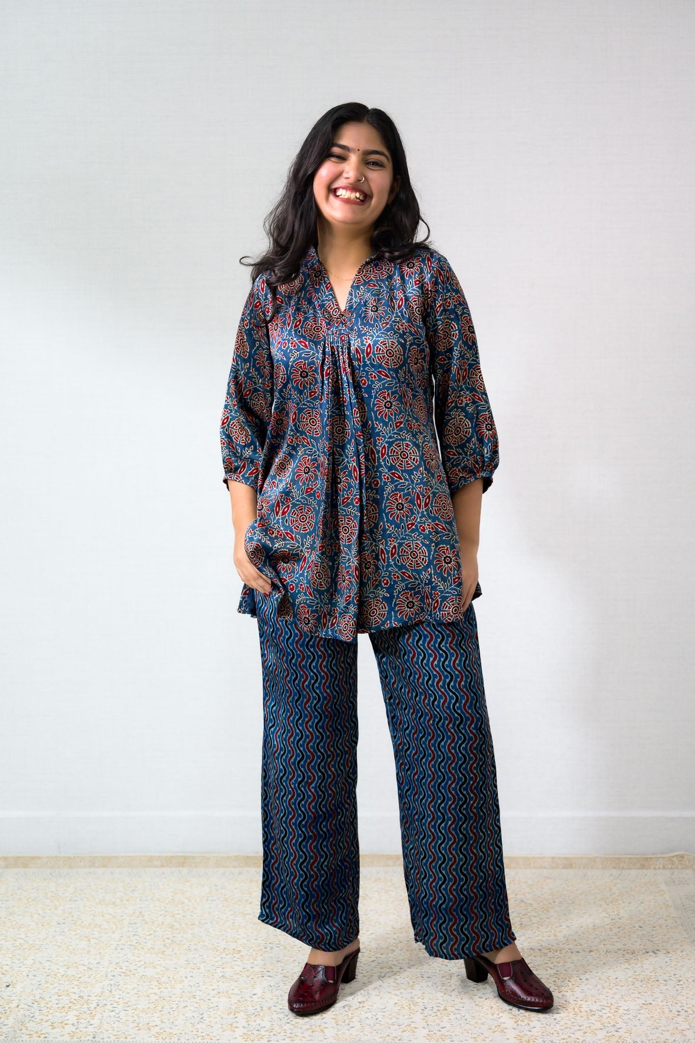 Set of 2 - Blue Blooms Modal Ajrakh Short Top and Parallel Pants - Lobha Deepthis