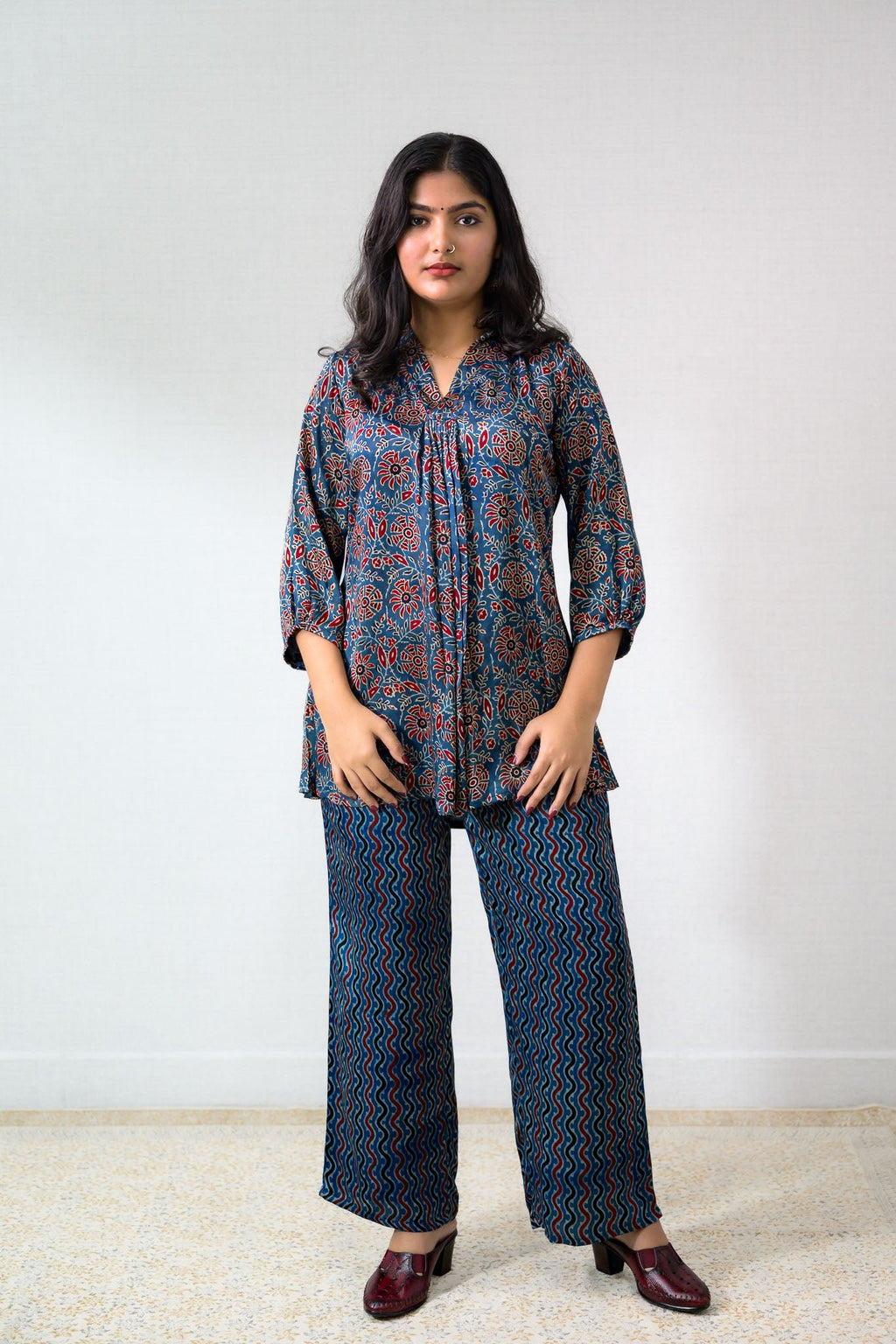 Set of 2 - Blue Blooms Modal Ajrakh Short Top and Parallel Pants - Lobha Deepthis