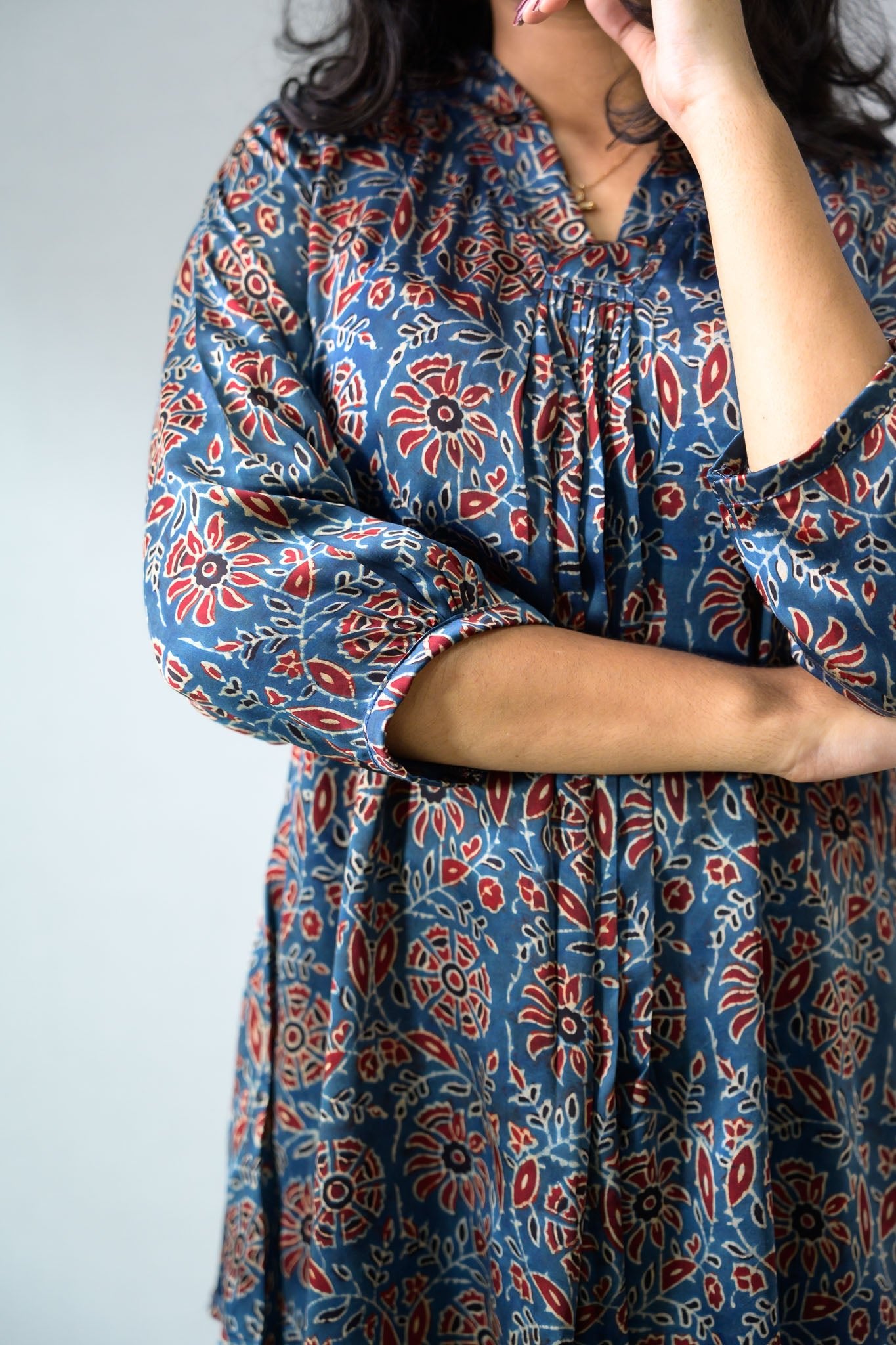 Set of 2 - Blue Blooms Modal Ajrakh Short Top and Parallel Pants - Lobha Deepthis