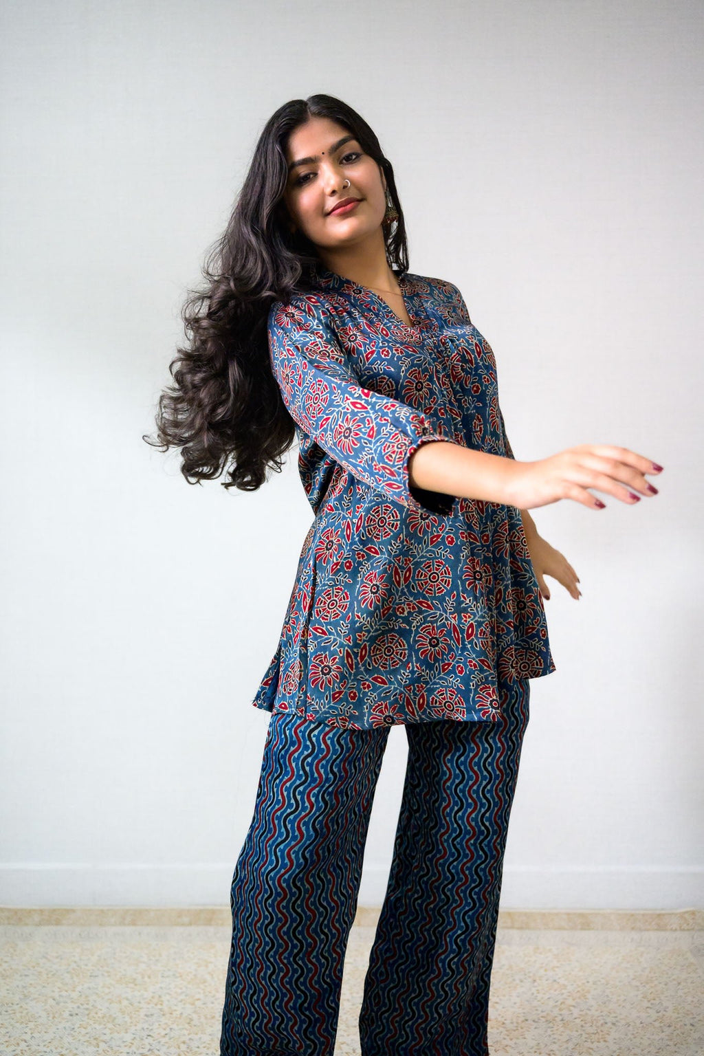 Set of 2 - Blue Blooms Modal Ajrakh Short Top and Parallel Pants - Lobha Deepthis