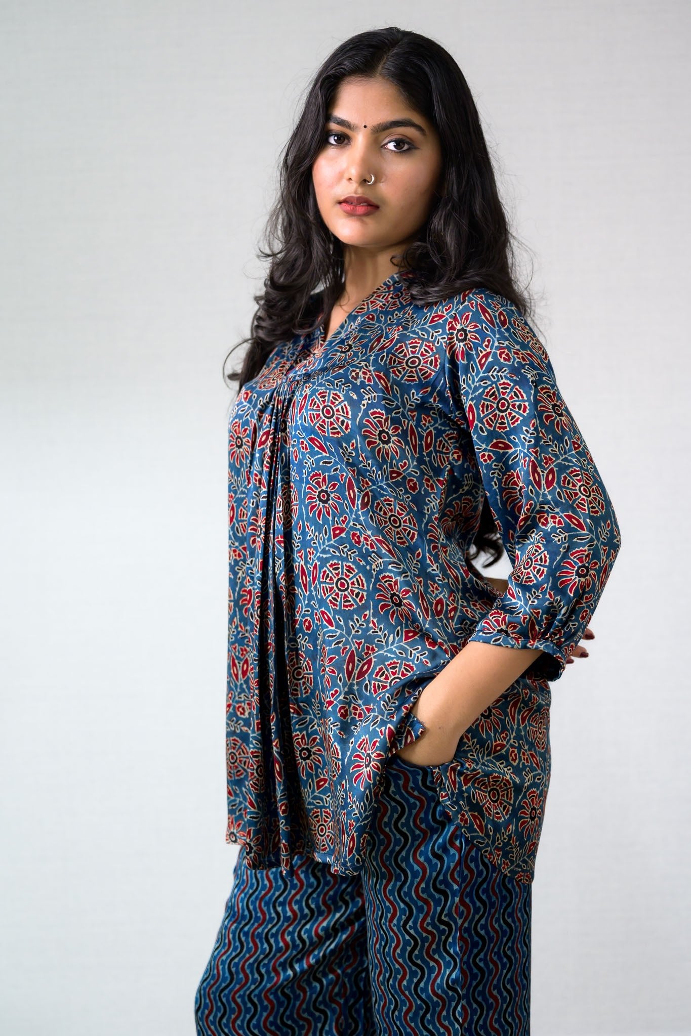 Set of 2 - Blue Blooms Modal Ajrakh Short Top and Parallel Pants - Lobha Deepthis