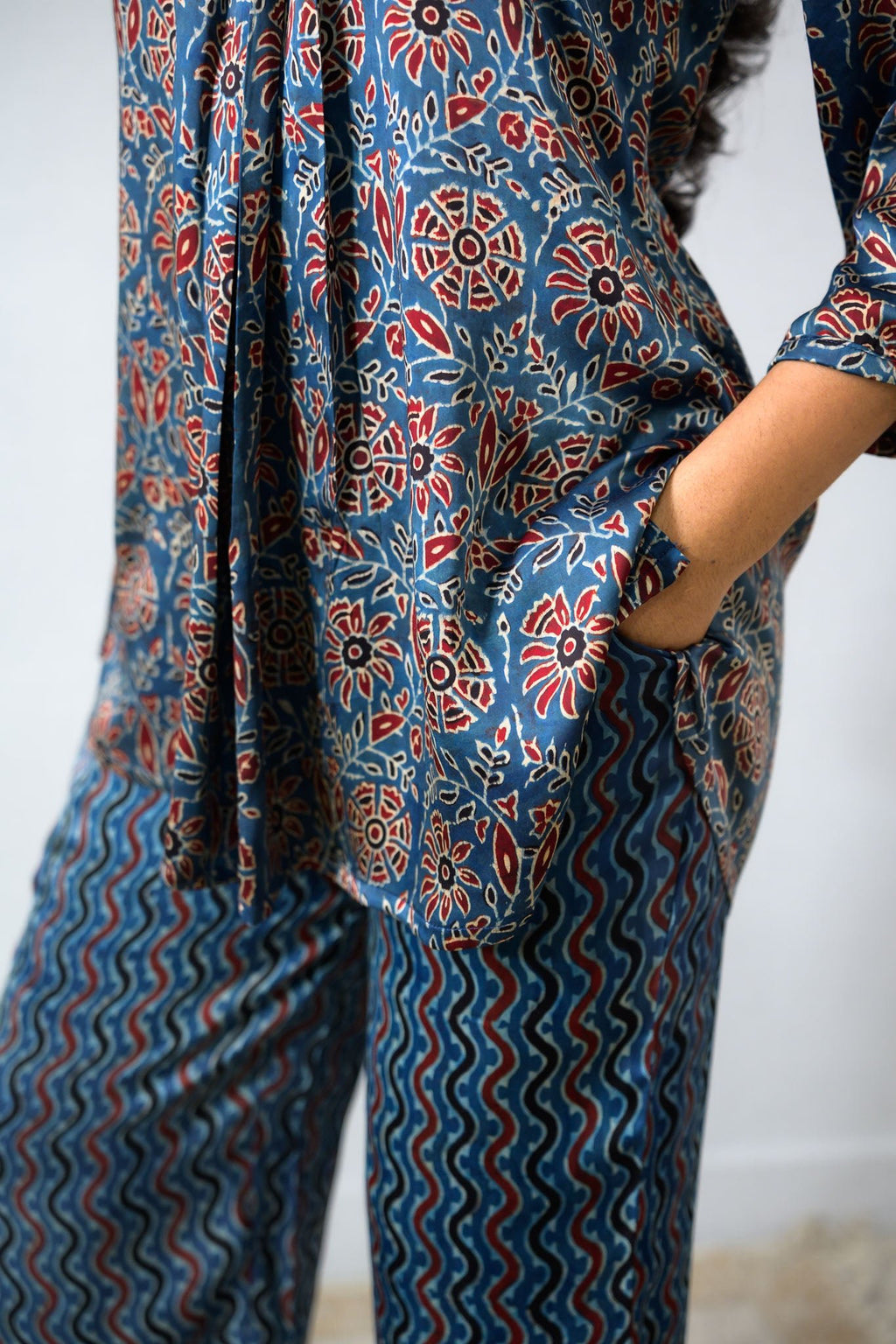 Set of 2 - Blue Blooms Modal Ajrakh Short Top and Parallel Pants - Lobha Deepthis